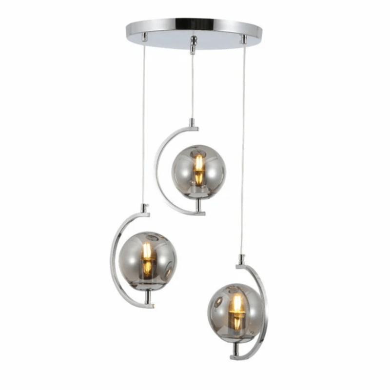 Amber Glass Globe Crescent Chrome Modern Ceiling Pendant Light – 3 Lamps