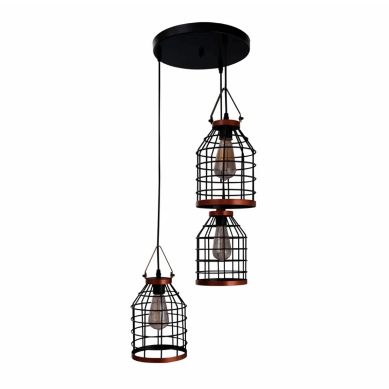 Black Cage Metal E27 Pendant Ceiling Light – 3 Lamps