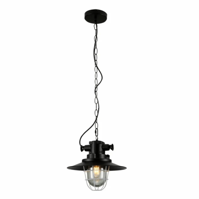 Black Nautical Caged Flat Shade Glass Metal E27 Ceiling Pendant Light