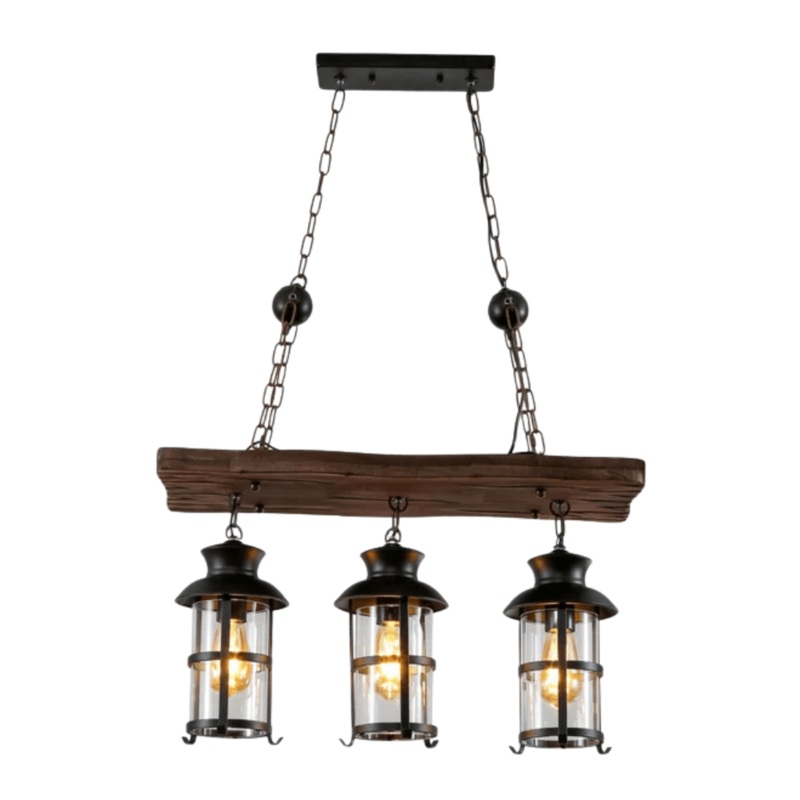 Board Wood Cylinder Glass Farmhouse Kitchen Island E27 Pendant Ceiling Light  – 3 Lamps