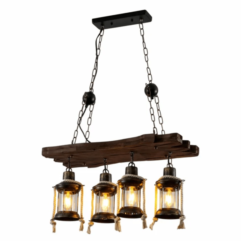 Board Wood Cylinder Glass Farmhouse Kitchen Island E27 Pendant Ceiling Light  – 4 Lamps