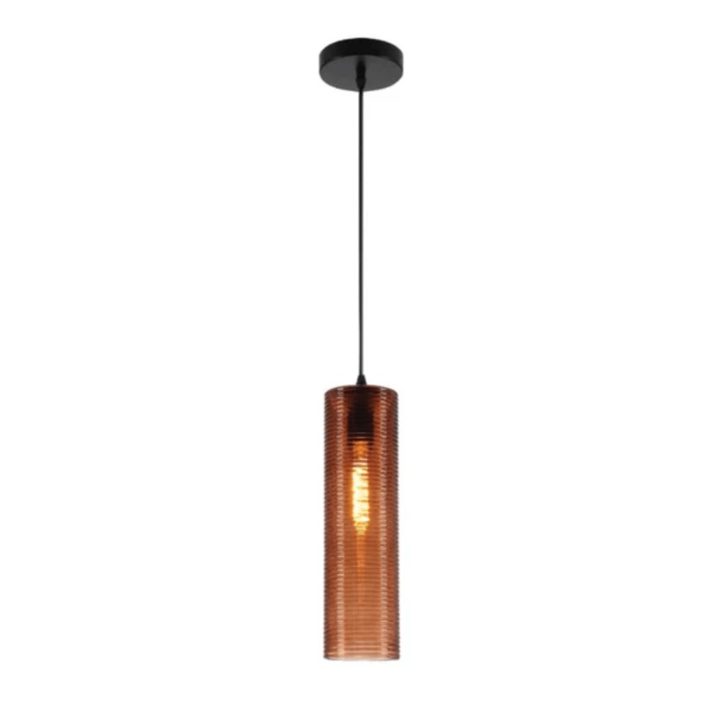 Brown Reeded Cylinder Glass E27 Pendant Light Fitting
