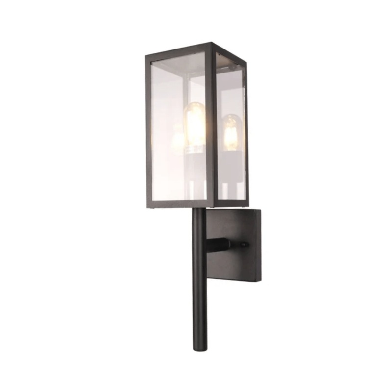 Cube Scone Cottage Style Outdoor E27 Wall Lamp Matt Black Clear Glass – 60W