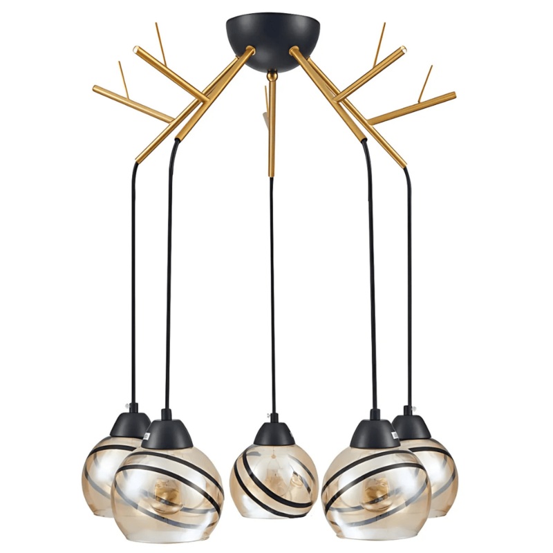 Amber Dome Glass Gold 5 Lamp Twig Modern Ceiling Light – 40W