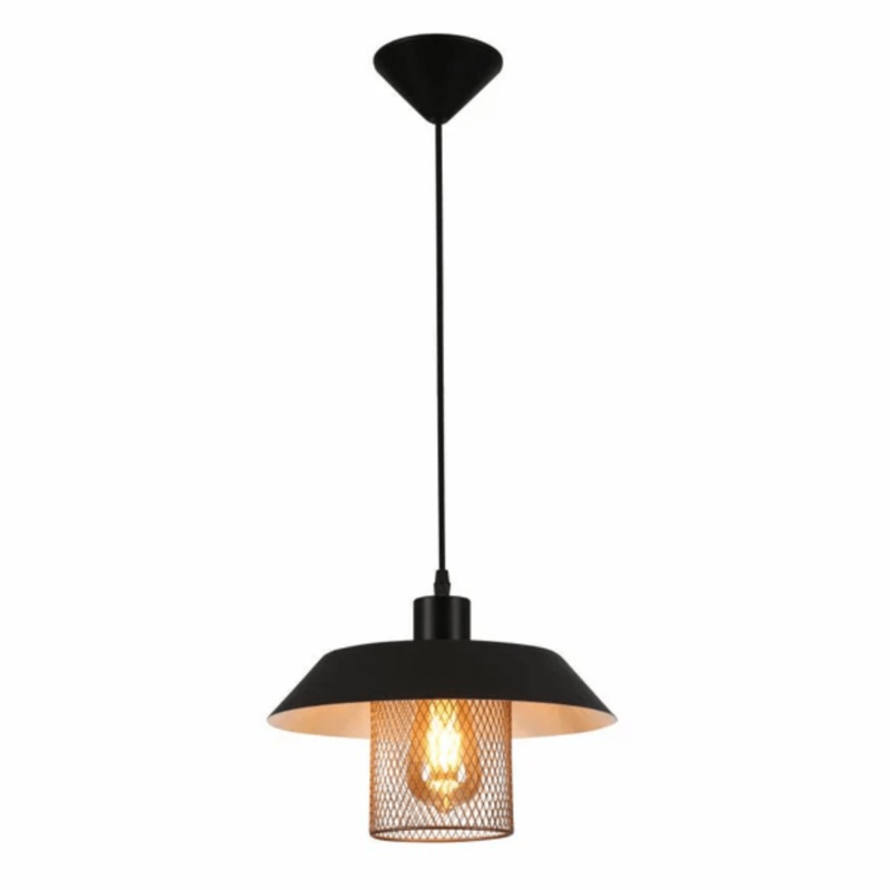 Matte Gold Caged Shade with Black Flat Top E27 Pendat Ceiling Light – D300mm/D385mm