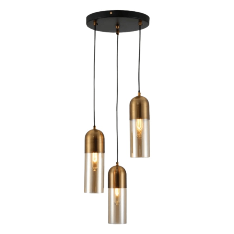 Sleek Amber and Bronze Black Cylinder Pendant Ceiling Light – 3 Lamps