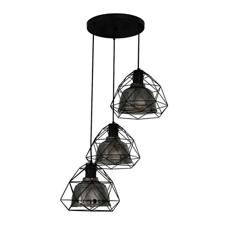 Smoky Or Copper 3 Lamps Glass Metal Cage Pendant Ceiling Light – 40W