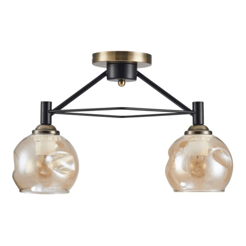 Amber 2 Lamp Dimpled Bell Glass Black Metal Semi Flush Ceiling Light – 60W
