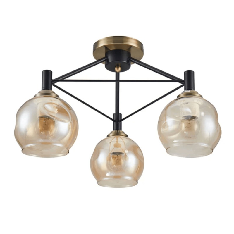 Amber 3 Lamp Dimpled Bell Glass Black Metal Semi Flush Ceiling Light – 60W