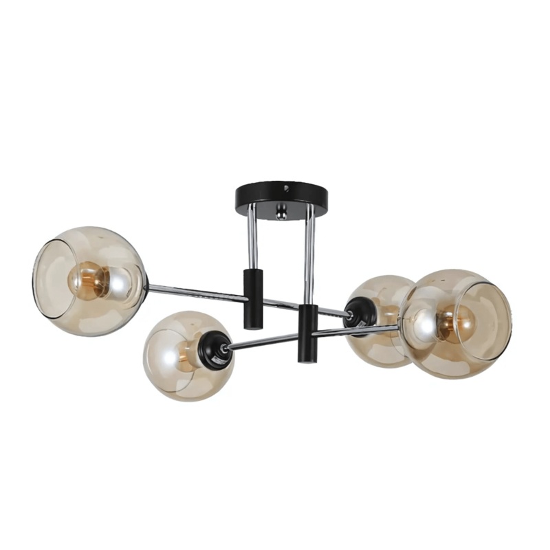 Amber 4 Lamp Glass Globe Chrome and Black Metal Semi Flush Ceiling Light – 60W