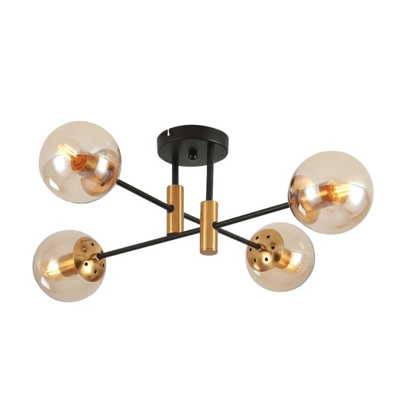 Amber 4 Lamp Glass Globe Gold and Black Metal Semi Flush Ceiling Light – 40W