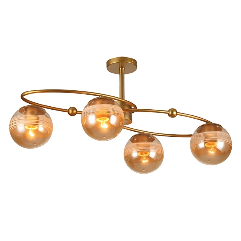 Amber 4 Rounded Globe Glass Gold Ellipse Metal Body Semi Flush Ceiling Light – 40W