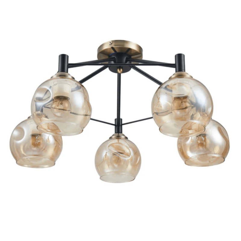 Amber 5 Lamp Dimpled Bell Glass Black Metal Semi Flush Ceiling Light – 60W