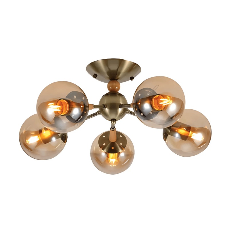 Amber 5 Lamp Globe Glass Vintage Retro Molecule Ceiling Light – 40W