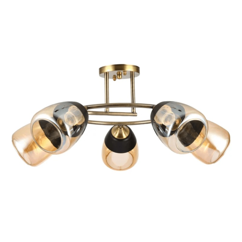 Amber 5 Lamps Black Bell Glass Antique Brass Metal Spiral Semi Flush Ceiling Light