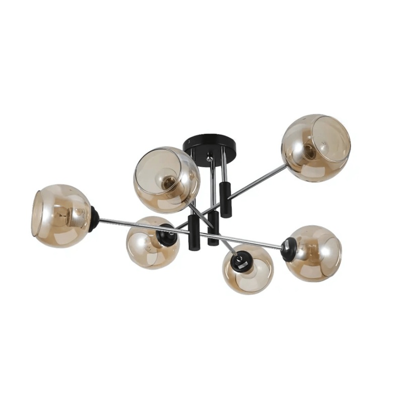 Amber 6 Lamp Glass Globe Chrome and Black Metal Semi Flush Ceiling Light – 60W