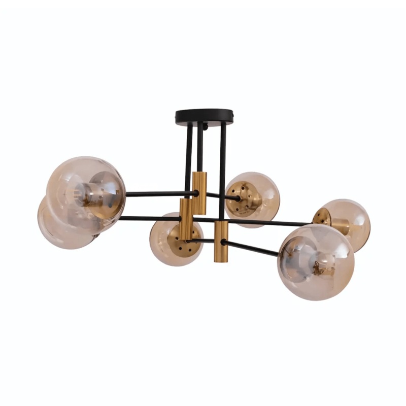 Amber 6 Lamp Glass Globe Gold and Black Metal Semi Flush Ceiling Light – 40W
