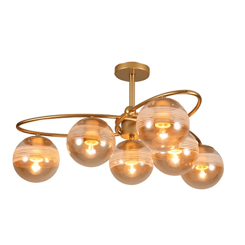 Amber 6 Rounded Globe Glass Gold Ellipse Metal Body Semi Flush Ceiling Light – 40W