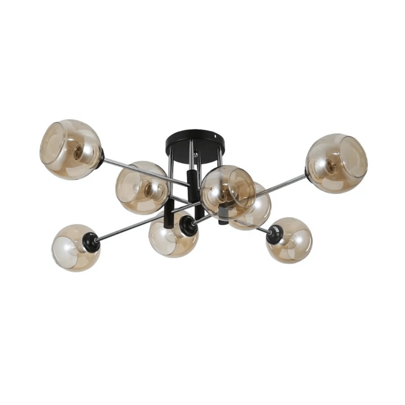 Amber 8 Lamp Glass Globe Chrome and Black Metal Semi Flush Ceiling Light – 60W