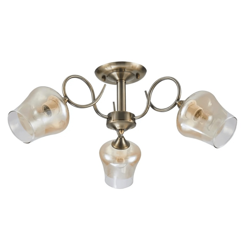 Amber Bell 3 Lamp Glass Antique Brass Metal Semi Flush Ceiling Light – 40W
