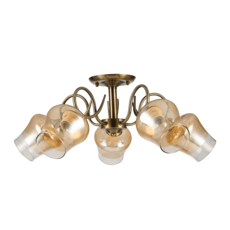 Amber Bell 5 Lamp Glass Antique Brass Metal Semi Flush Ceiling Light – 40W