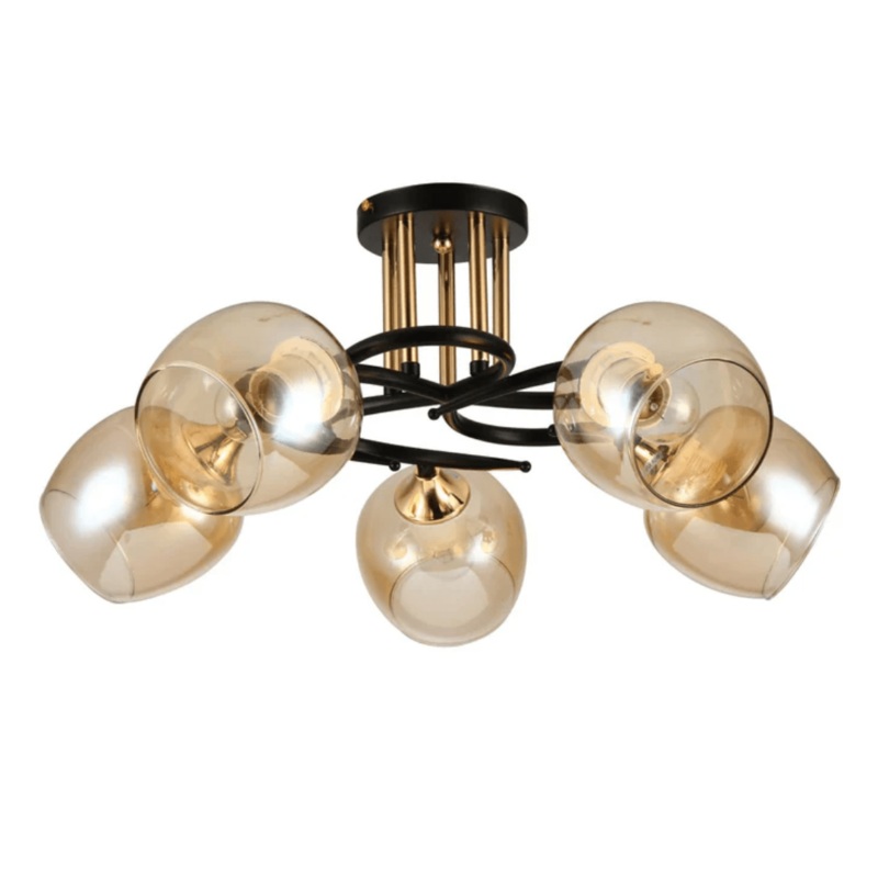 Amber Bell 5 Lamp Glass Black Gold Metal Semi Flush Ceiling Light – 60W