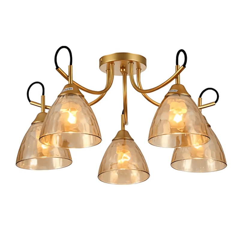 Amber Cone Glass Gold Semi Flush Ceiling Light E27 – 5 Lamps