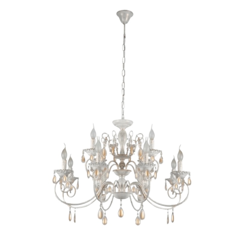Amber Crystals Rice White with Gold Brushed Metal Arm E14  Ceiling Chandelier Light  – 12 Candles