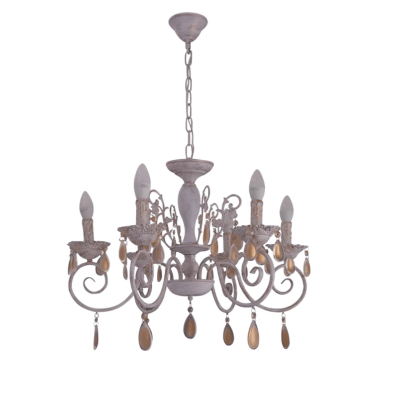 Amber Crystals Rice White with Gold Brushed Metal Arm E14  Ceiling Chandelier Light  – 6 Candles