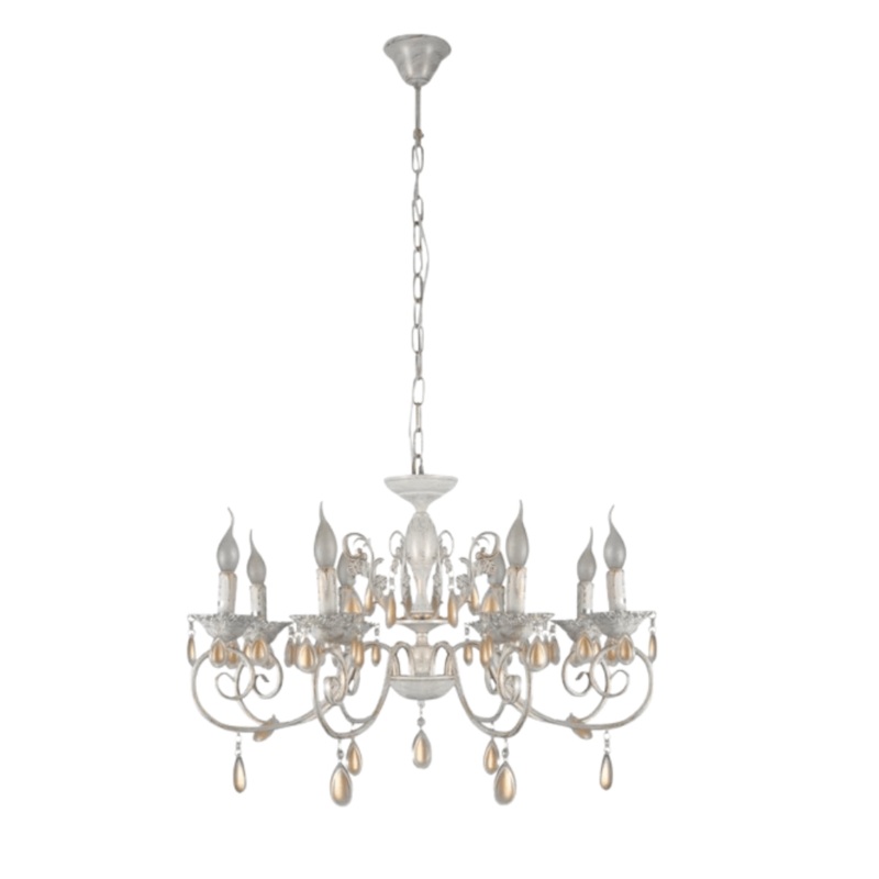 Amber Crystals Rice White with Gold Brushed Metal Arm E14  Ceiling Chandelier Light  – 8 Candles