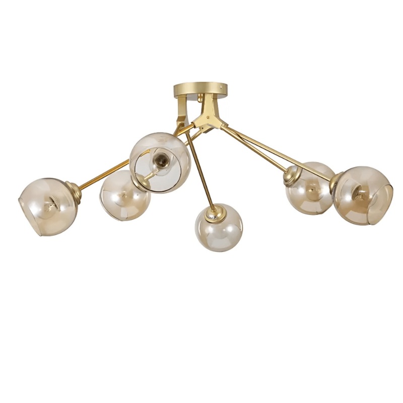 Amber Glass Dome Gold Aluminium Bronze Wishbone Semi Flush  E27 Ceiling Light – 6 Lamps