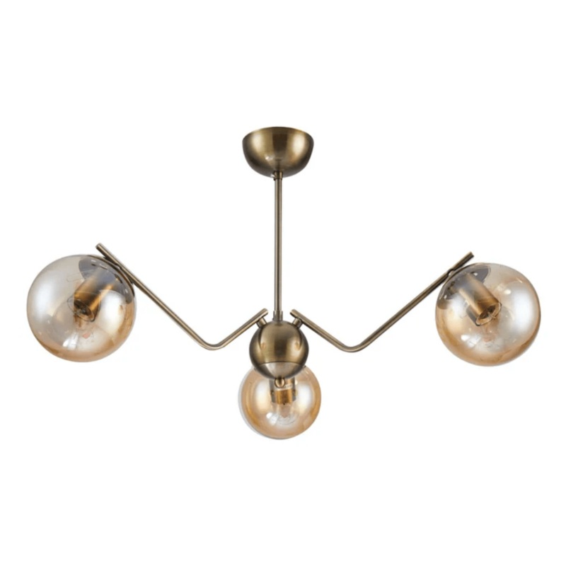 Amber Globe Glass Antique Brass Metal Spider Semi Flush Ceiling Light – 3 Lamps