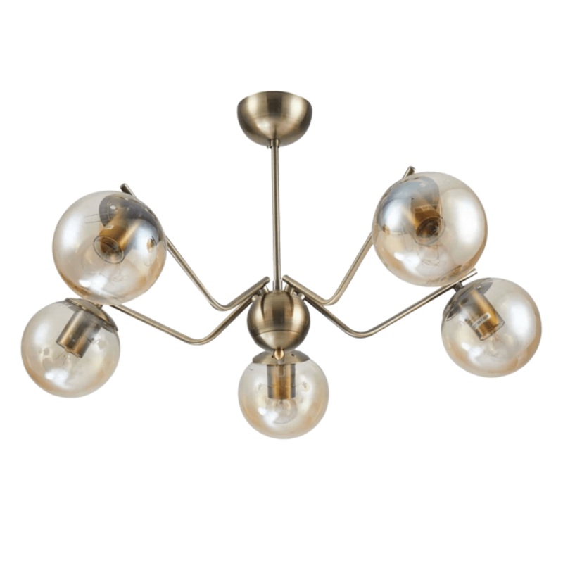 Amber Globe Glass Antique Brass Metal Spider Semi Flush Ceiling Light – 5 Lamps