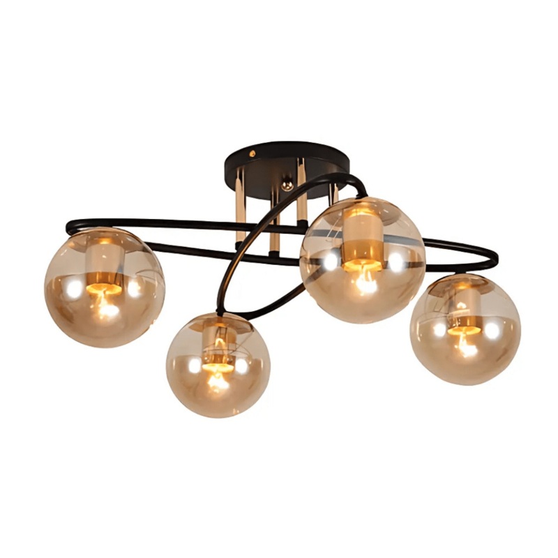Amber Globe Glass Black Ellipse Metal Modern Semi Flush Ceiling Light E27 – 4 Lamps