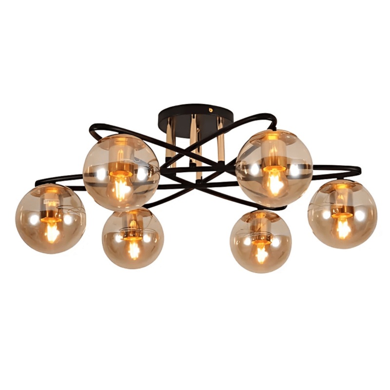 Amber Globe Glass Black Ellipse Metal Modern Semi Flush Ceiling Light E27 – 6 Lamps