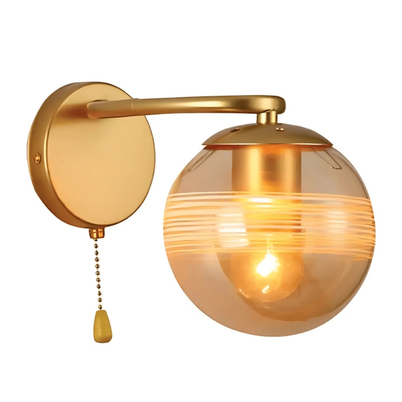 Amber Globe Glass Gold Ellipse Metal Body Modern E27 Wall Light with Pull Down Switch