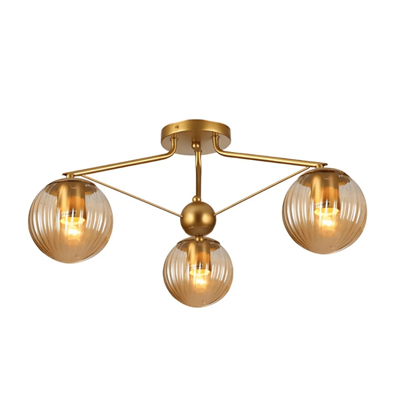 Amber Reeded 3 Lamp Globe Gold Semi Flush Ceiling Light – 40W