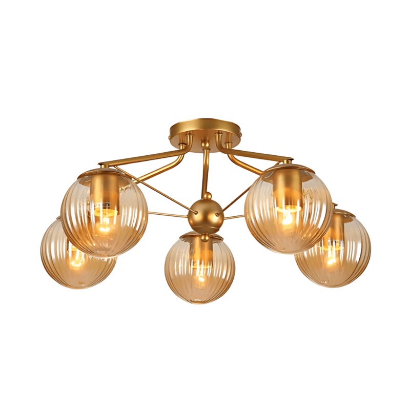 Amber Reeded 5 Lamp Globe Gold Semi Flush Ceiling Light – 40W