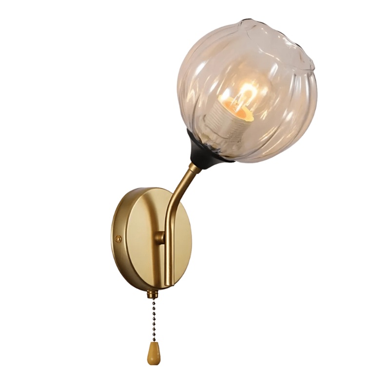 Amber Reeded Globe Glass Gold Metal Vintage Retro E27 Wall Light with Pull Down Switch