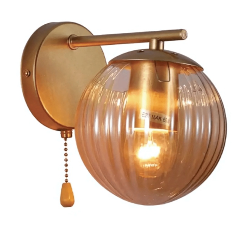 Amber Reeded Globe Gold Wall Light E27 Pull Down Switch