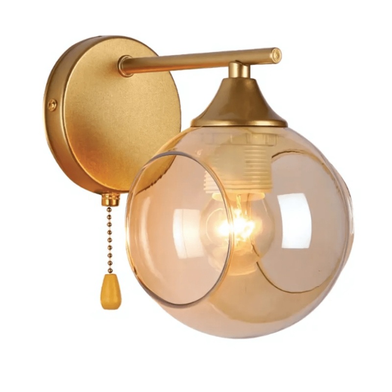 Amber Sides Open Globe Glass Gold Wall Light E27 Pull Down Switch