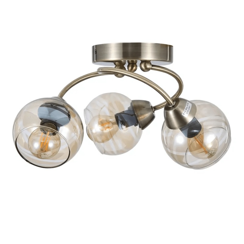 Antique Brass Amber Glass Semi Flush E14 Ceiling Light – 3 Lamps