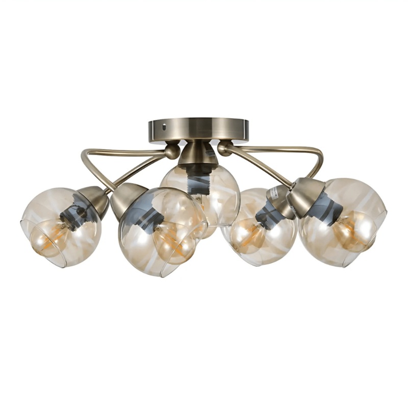Antique Brass Amber Glass Semi Flush E14 Ceiling Light – 5 Lamps