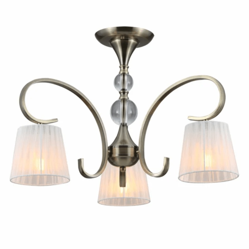 Antique Brass Metal Body Rice White Fabric Shaded Ceiling Chandelier Light E27 – 3 Lamps