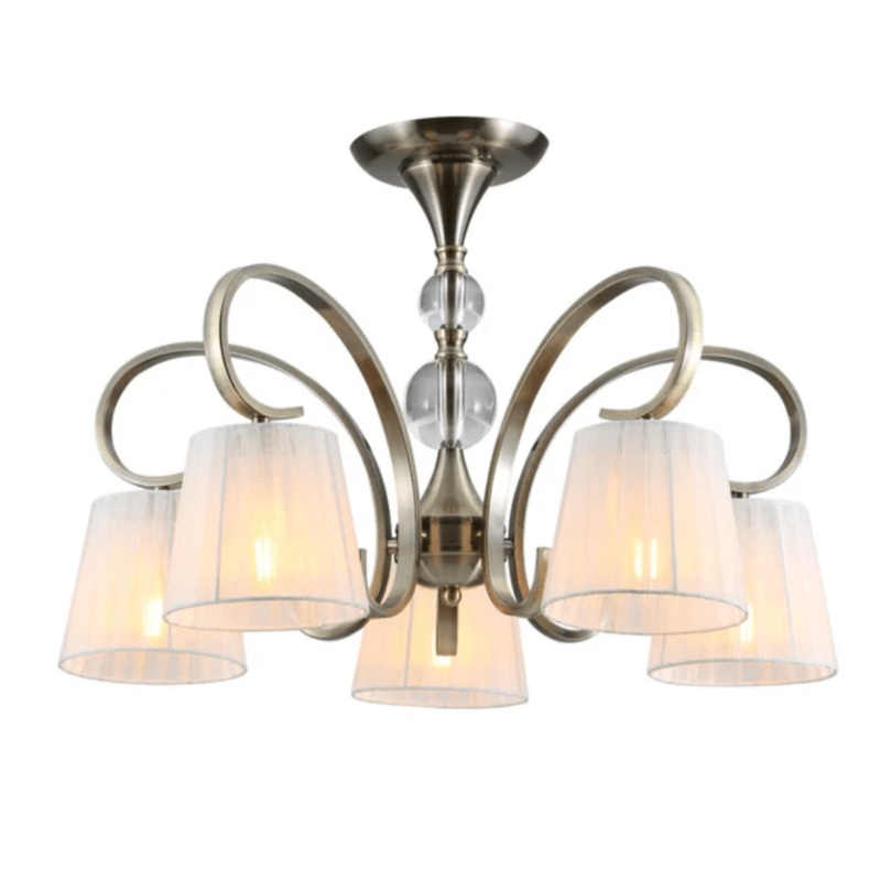 Antique Brass Metal Body Rice White Fabric Shaded Ceiling Chandelier Light E27 – 5 Lamps