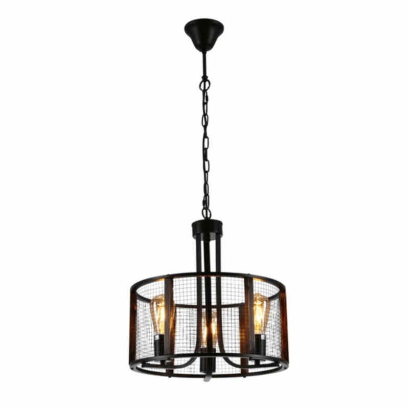 Black Metal Natural Wood Cylinder Cage 3xE27 Pendant Ceiling Light