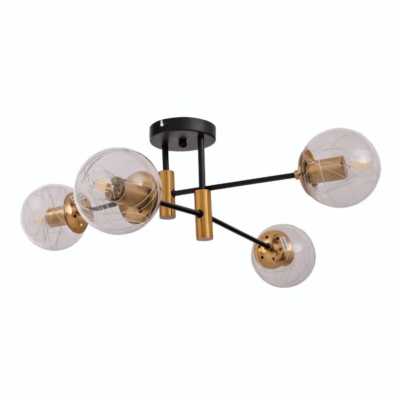 Clear 4 Lamp Glass Globe Gold and Black Metal Semi Flush Ceiling Light – 40W