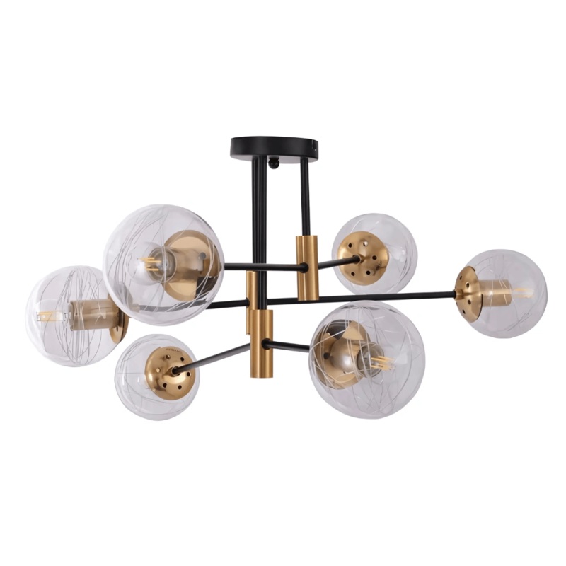 Clear 6 Lamp Glass Globe Gold and Black Metal Semi Flush Ceiling Light – 40W