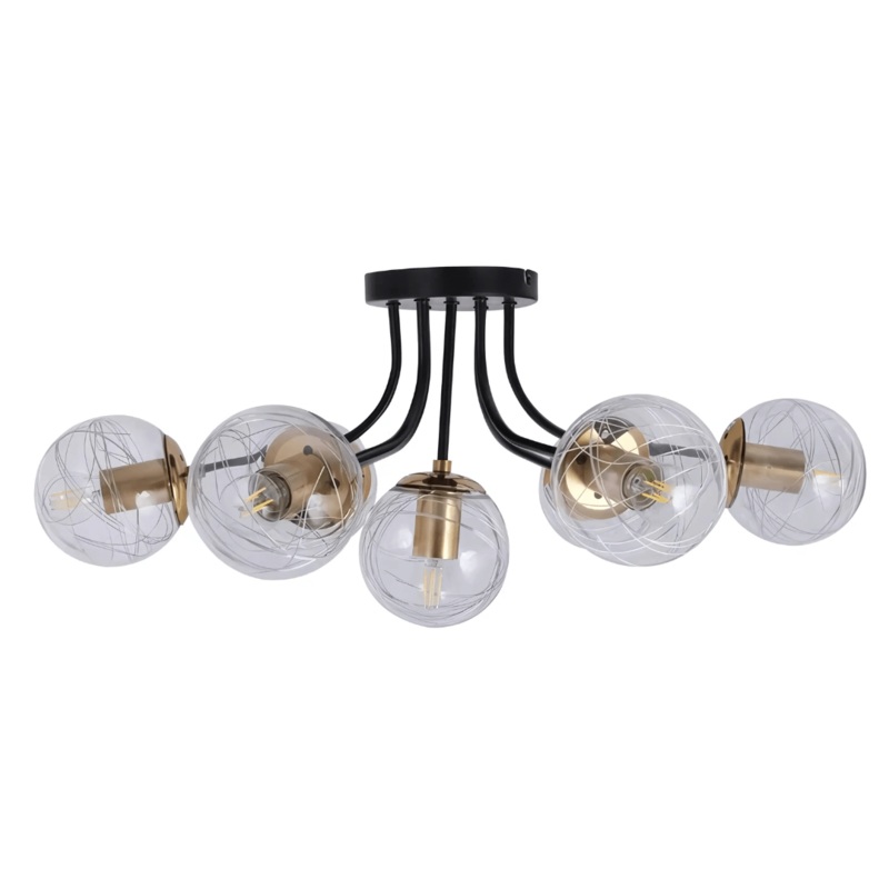 Clear 7 Lamp Globe Glass Black Metal Semi Flush Ceiling Light – 40W