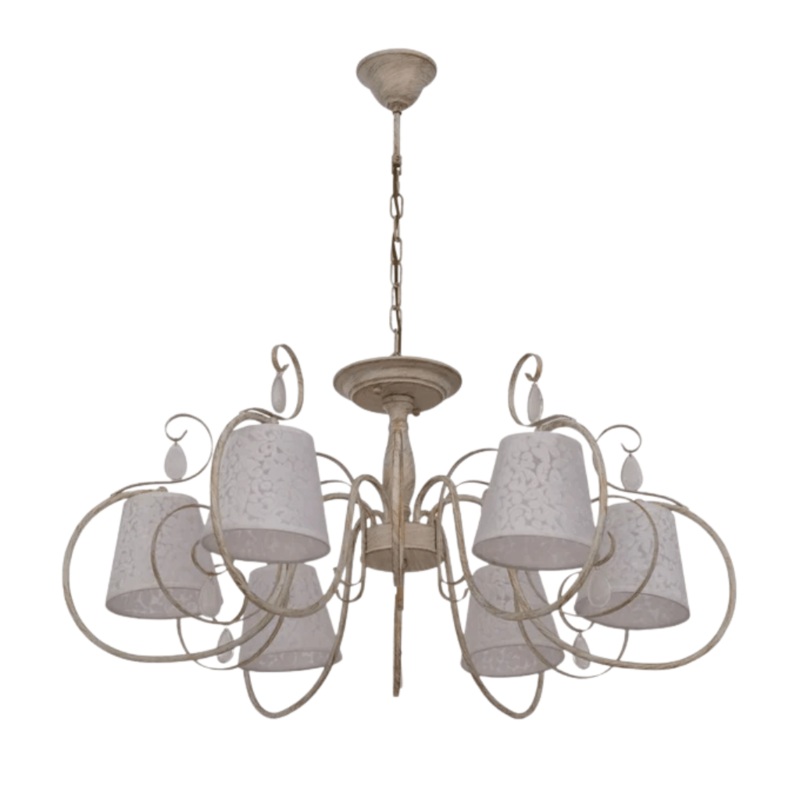 Creamy White Shade Rice White Gold Brushed Arm E14 Ceiling Chandelier Light  – 6 Candles